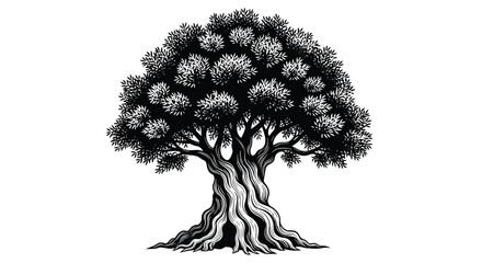 An ancient gnarled oak tree with a majestic canopy of dense foliage stands tall and strong.