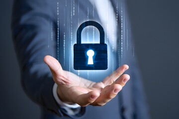 A man in a suit holding a digital padlock with binary code in a concept of data security online