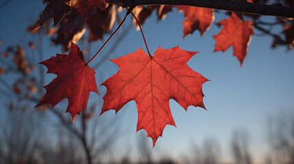 Fototapeta premium Red Maple Leaves Glowing Under Sunlight in Autumn Background