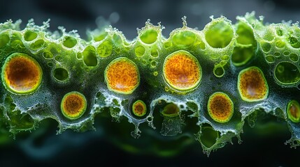 Microscopic view of plant stem cross section with orange centered cells and green layers showing botanical structure and nutrient transport