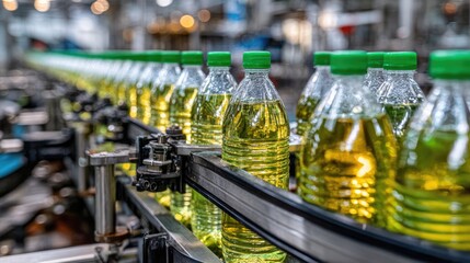 Bottles of Oil on Production Line in Modern Factory with Blurred Background and Green Caps