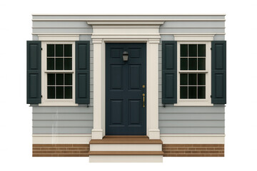 Fototapeta premium Colonial revival house entrance with dark blue door and shutters, light blue siding, and white trim, transparent background
