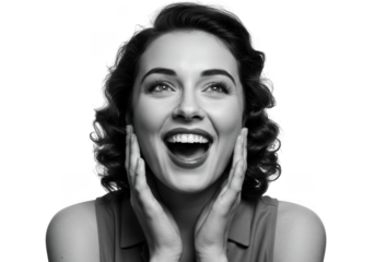 Vintage black and white portrait of a joyful woman with hands on cheeks transparent background