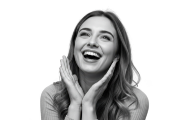 Joyful woman expressing happiness with hands near face black and white studio portrait transparent background