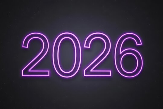 Minimalist New Year 2026 card with glowing amethyst purple neon text and deep violet pulse
