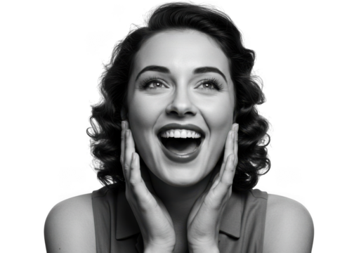 Vintage black and white portrait of a joyful woman with hands on cheeks transparent background
