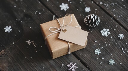 Elegant winter gift arrangement with rustic brown box pinecone linen string and snowflakes