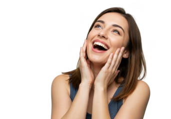 Joyful woman laughing with eyes closed and hands on cheeks in a studio portrait transparent background