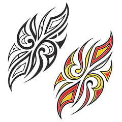 Fototapeta premium Tribal tattoo designs featuring a black and white abstract pattern and a red and yellow flame like design on a white background
