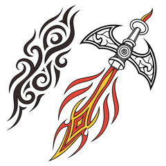 Tribal tattoo design featuring a flaming axe and abstract swirling patterns in black red and yellow