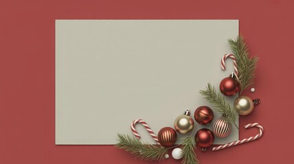 Festive minimalist christmas card design featuring candy canes ornaments pine cluster and light gray message space

