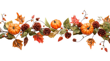 Thanksgiving overhead garland with leaves pinecones miniature pumpkins on transparent background