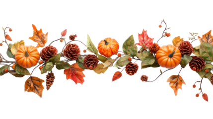 Thanksgiving overhead garland with leaves pinecones miniature pumpkins on transparent background