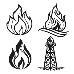 Collection of stylized black and white flame icons and an oil rig tower symbol representing energy and power
