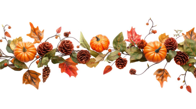 Thanksgiving overhead garland with leaves pinecones miniature pumpkins on transparent background