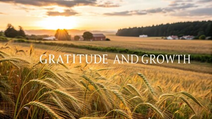 Sunrise over Golden Wheat Fields with Inspirational Text about Gratitude and Growth in Rural Landscape