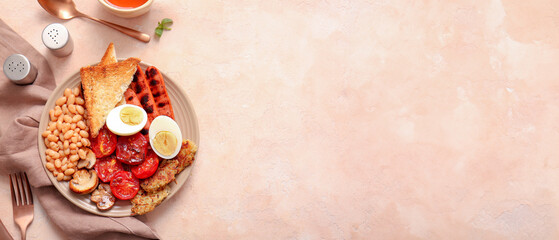 Plate of tasty English breakfast with boiled egg on beige background