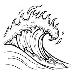 Dynamic black and white line art illustration of a powerful ocean wave crashing with spray and foam