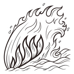 Stylized black and white illustration of a powerful ocean wave with fiery elements and water droplets