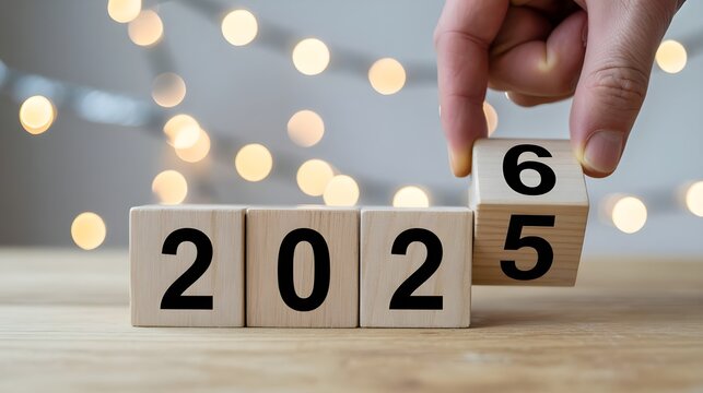 Hand flips wooden block from 2025 to 2026 celebrating new year with bokeh lights