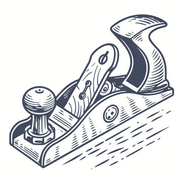 Classic woodworking hand plane tool with wooden handle and metal blade for shaping wood in a vintage illustration style