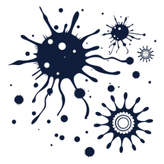 Abstract dark blue ink splatters and stylized virus or bacteria cells on a white background representing microscopic organisms and infection