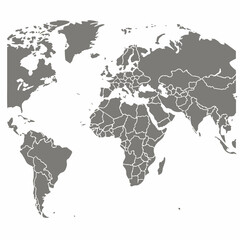 A simplified flat world map illustration in gray with white country borders on a white background showing continents and countries