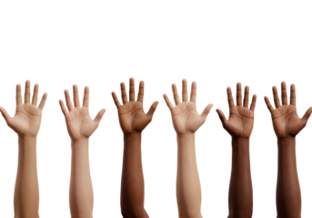 Diverse hands raised in unity isolated on transparent background