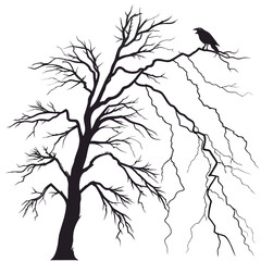 A solitary black crow perches on the bare branches of a spooky silhouetted tree against a stark white background