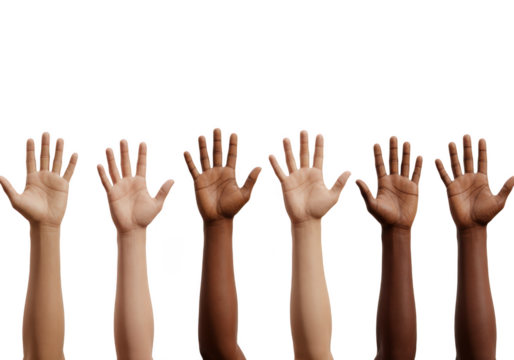 Diverse hands raised in unity isolated on transparent background