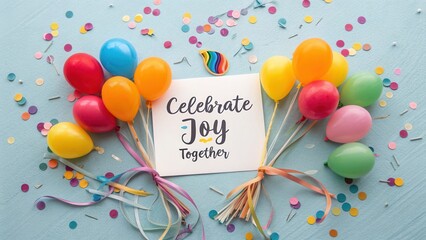 Celebrate Joy Together with Colorful Balloons and Confetti on a Blue Background for Festive Occasions