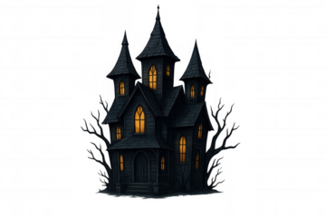 Haunted house illustration with glowing windows for spooky halloween concepts, gothic mansion design, dark fantasy building
