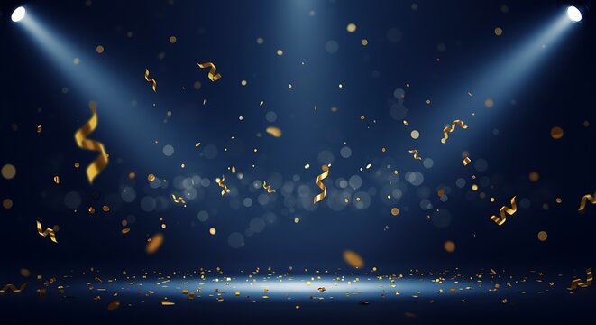 A festive stage illuminated by two spotlights with falling golden confetti and sparkling lights on a dark blue background.