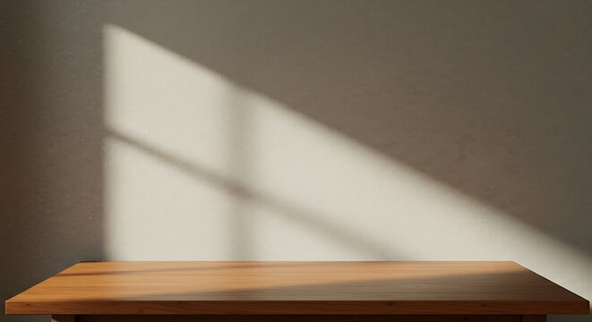 Minimalist scene featuring an empty wooden table and a wall illuminated by natural sunlight casting distinct window shadows.