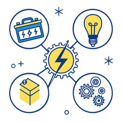 Conceptual illustration of electrical energy flow and components including a battery lightbulb power source and gears connected by lines