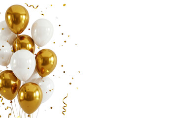 Gold and white balloons with confetti isolated on transparent background