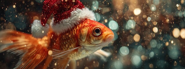 Fototapeta premium Christmas Miracle: A goldfish in a Santa hat swimming underwater against a background of festive bokeh lights