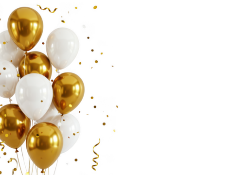 Gold and white balloons with confetti isolated on transparent background