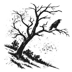 A stark black silhouette of a gnarled leafless tree with a crow perched on a branch against a white background with scattered ink splatters