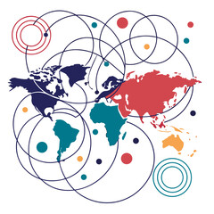 Abstract world map with interconnected lines and colorful continents representing global connections and communication networks
