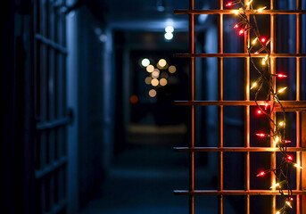 Colorful Christmas lights hanging on wooden railing in dark hallway  