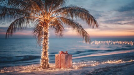 Tropical Christmas: Palm Tree Decorated with Fairy Lights and a Gift on the Beach