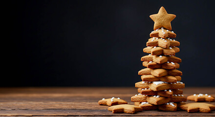 Gingerbread cookies stacked as Christmas tree on wooden table  