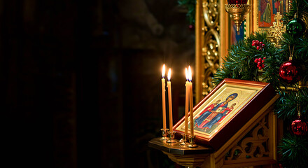 Icon on altar with candles and Christmas decorations in church  
