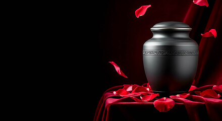 Black urn surrounded by red rose petals on dark background  