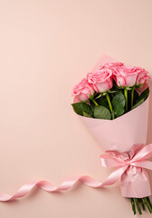 Bouquet of pink roses wrapped in pastel paper with ribbon  
