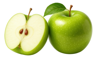 A half-sliced Asian pear with its round shape and pale yellow skin, displayed on a bamboo cutting board.