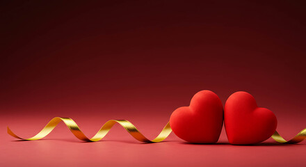 Two red hearts with golden ribbon on red background  