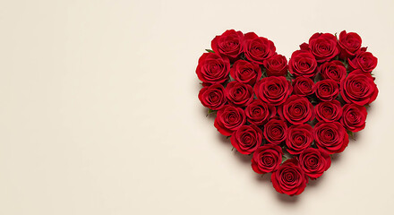 Heart shape made of red roses on soft beige background  