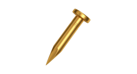 Isolated golden nail, metallic fastener for construction and craft projects, shiny surface